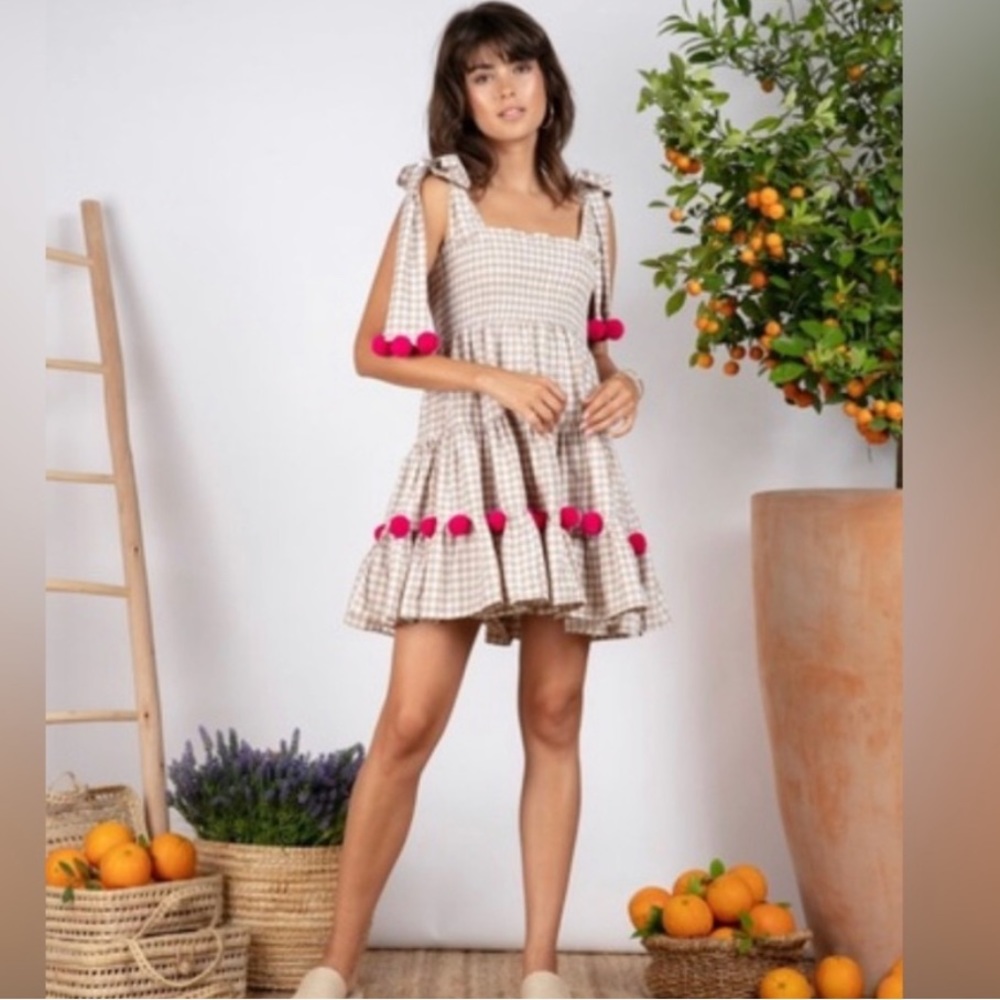 REVOLVE Sundress dress with pink poms size XS/S stretchy